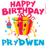 A vibrant and funny gift box character with a happy face dancing with a cupcake and the text 'Happy Birthday Prydwen,' surrounded by animated confetti and party vibes.