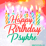 Bright birthday candles with rainbow flames on a cake, alongside the text 'Happy Birthday Psykhe' in vibrant script in this celebratory animated GIF.