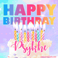 Animated Happy Birthday Cake with Name Psykhe and Burning Candles