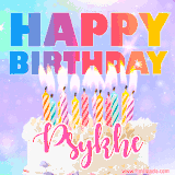 A vibrant animated name GIF with the words 'Happy Birthday Psykhe' with colorful candles on a creamy cake. The background sparkles with pastel shades, adding a festive touch.