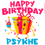 A vibrant and funny gift box character with a happy face dancing with a cupcake and the text 'Happy Birthday Psykhe,' surrounded by animated confetti and party vibes.
