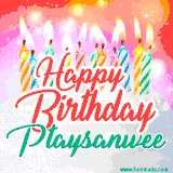 Bright birthday candles with rainbow flames on a cake, alongside the text 'Happy Birthday Ptaysanwee' in vibrant script in this celebratory animated GIF.