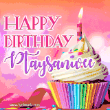 A vibrant birthday GIF featuring a rainbow-colored cupcake topped with white frosting, sprinkles, and a lit candle. The text reads 'Happy Birthday Ptaysanwee' in bold pink and violet letters with white outline.