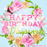 A charming animated GIF featuring 'Happy Birthday Ptaysanwee' in pink and green text, surrounded by delicate roses, leaves, and fluttering butterflies on a soft light blue pastel background.