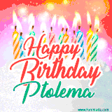Bright birthday candles with rainbow flames on a cake, alongside the text 'Happy Birthday Ptolema' in vibrant script in this celebratory animated GIF.