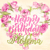 A stunning heart made of pink roses surrounds the elegant script text 'Happy Birthday Ptolema' on a soft beige background. Animated sparkles add a magical and festive feel.