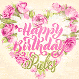 A stunning heart made of pink roses surrounds the elegant script text 'Happy Birthday Pules' on a soft beige background. Animated sparkles add a magical and festive feel.