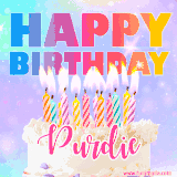 A vibrant animated name GIF with the words 'Happy Birthday Purdie' with colorful candles on a creamy cake. The background sparkles with pastel shades, adding a festive touch.