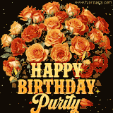 Animated bouquet of orange roses with moving butterfles and golden 'Happy Birthday Purity' text, surrounded by sparkling accents and a dark backdrop for a luxurious feel.