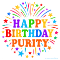 Happy Birthday Purity' GIF with rainbow-colored letters, colorful stars, and fireworks on white background.