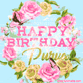 Beautiful Birthday Flowers Card for Purva with Glitter Animated Butterflies