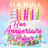 A white birthday cake covered in colorful sprinkles, topped with bright candles, and French text 'Bon Anniversaire Pyper' on a pastel gradient background in an animated GIF.