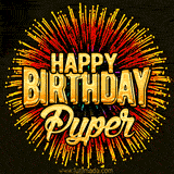 Golden 'Happy Birthday Pyper' text accompanied by animated rainbow fireworks for a festive animated greeting.
