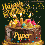 A delightful chocolate birthday cake with bright candles and 'Happy Birthday Pyper' written in gold amidst a shower of animated stars.