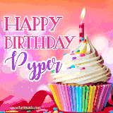 A vibrant birthday GIF featuring a rainbow-colored cupcake topped with white frosting, sprinkles, and a lit candle. The text reads 'Happy Birthday Pyper' in bold pink and violet letters with white outline.