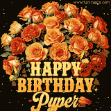 Animated bouquet of orange roses with moving butterfles and golden 'Happy Birthday Pyper' text, surrounded by sparkling accents and a dark backdrop for a luxurious feel.