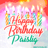 Bright birthday candles with rainbow flames on a cake, alongside the text 'Happy Birthday Pàislig' in vibrant script in this celebratory animated GIF.