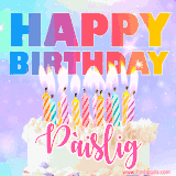 A vibrant animated name GIF with the words 'Happy Birthday Pàislig' with colorful candles on a creamy cake. The background sparkles with pastel shades, adding a festive touch.