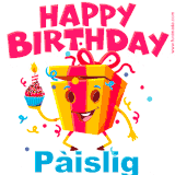 A vibrant and funny gift box character with a happy face dancing with a cupcake and the text 'Happy Birthday Pàislig,' surrounded by animated confetti and party vibes.