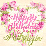 A stunning heart made of pink roses surrounds the elegant script text 'Happy Birthday Pádraigín' on a soft beige background. Animated sparkles add a magical and festive feel.