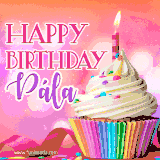 A vibrant birthday GIF featuring a rainbow-colored cupcake topped with white frosting, sprinkles, and a lit candle. The text reads 'Happy Birthday Pála' in bold pink and violet letters with white outline.
