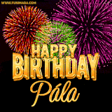 A golden 'Happy Birthday Pála' message with vibrant fireworks in the background, creating a festive and celebratory vibe in this animated name GIF.