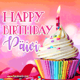 A vibrant birthday GIF featuring a rainbow-colored cupcake topped with white frosting, sprinkles, and a lit candle. The text reads 'Happy Birthday Päivi' in bold pink and violet letters with white outline.