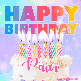 A vibrant animated name GIF with the words 'Happy Birthday Päivi' with colorful candles on a creamy cake. The background sparkles with pastel shades, adding a festive touch.