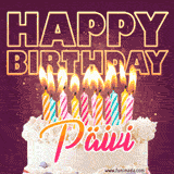 A colorful birthday cake topped with lit candles, with the words 'Happy Birthday Päivi' in bold glowing letters on a burgundy background. Animated flames add a festive touch.