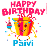 A vibrant and funny gift box character with a happy face dancing with a cupcake and the text 'Happy Birthday Päivi,' surrounded by animated confetti and party vibes.