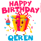 A vibrant and funny gift box character with a happy face dancing with a cupcake and the text 'Happy Birthday Qeren,' surrounded by animated confetti and party vibes.