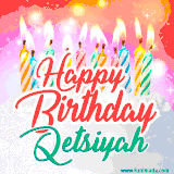 Bright birthday candles with rainbow flames on a cake, alongside the text 'Happy Birthday Qetsiyah' in vibrant script in this celebratory animated GIF.