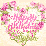 A stunning heart made of pink roses surrounds the elegant script text 'Happy Birthday Qetsiyah' on a soft beige background. Animated sparkles add a magical and festive feel.