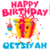 A vibrant and funny gift box character with a happy face dancing with a cupcake and the text 'Happy Birthday Qetsiyah,' surrounded by animated confetti and party vibes.