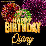 A golden 'Happy Birthday Qiang' message with vibrant fireworks in the background, creating a festive and celebratory vibe in this animated name GIF.