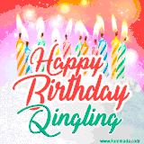 Bright birthday candles with rainbow flames on a cake, alongside the text 'Happy Birthday Qingling' in vibrant script in this celebratory animated GIF.