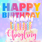 A vibrant animated name GIF with the words 'Happy Birthday Qingling' with colorful candles on a creamy cake. The background sparkles with pastel shades, adding a festive touch.