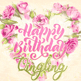 A stunning heart made of pink roses surrounds the elegant script text 'Happy Birthday Qingling' on a soft beige background. Animated sparkles add a magical and festive feel.