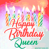 Bright birthday candles with rainbow flames on a cake, alongside the text 'Happy Birthday Queen' in vibrant script in this celebratory animated GIF.