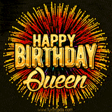 Golden 'Happy Birthday Queen' text accompanied by animated rainbow fireworks for a festive animated greeting.