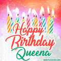 Happy Birthday GIF for Queena with Birthday Cake and Lit Candles