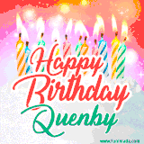 Bright birthday candles with rainbow flames on a cake, alongside the text 'Happy Birthday Quenby' in vibrant script in this celebratory animated GIF.
