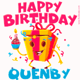 A vibrant and funny gift box character with a happy face dancing with a cupcake and the text 'Happy Birthday Quenby,' surrounded by animated confetti and party vibes.
