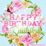 A charming animated GIF featuring 'Happy Birthday Quibilah' in pink and green text, surrounded by delicate roses, leaves, and fluttering butterflies on a soft light blue pastel background.
