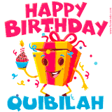 A vibrant and funny gift box character with a happy face dancing with a cupcake and the text 'Happy Birthday Quibilah,' surrounded by animated confetti and party vibes.