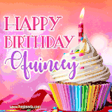 A vibrant birthday GIF featuring a rainbow-colored cupcake topped with white frosting, sprinkles, and a lit candle. The text reads 'Happy Birthday Quincey' in bold pink and violet letters with white outline.