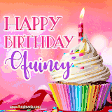 A vibrant birthday GIF featuring a rainbow-colored cupcake topped with white frosting, sprinkles, and a lit candle. The text reads 'Happy Birthday Quincy' in bold pink and violet letters with white outline.