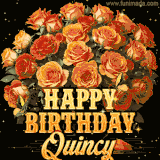 Animated bouquet of orange roses with moving butterfles and golden 'Happy Birthday Quincy' text, surrounded by sparkling accents and a dark backdrop for a luxurious feel.
