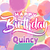 A vibrant name GIF featuring colorful balloons in shades of pink, orange, and yellow with the bold text 'Happy Birthday Quincy' in festive fonts, creating a lively birthday vibe.
