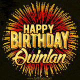 Golden 'Happy Birthday Quinlan' text accompanied by animated rainbow fireworks for a festive animated greeting.